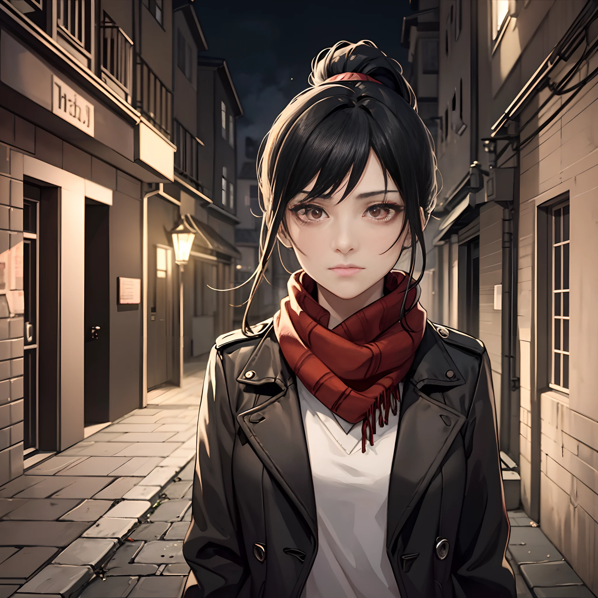 A girl with black hair and brown eyes standing under a faint streetlight, ponytail, dark, creepy atmosphere, melancholic stare, sad, looking at viewer, long brown trenchcoat, flowing red scarf, windy weather, mysterious eyes, masterpiece, super detailed, epic composition, super HD, high quality, extremely detailed, solo, Danzig, Gdansk, docks, dark alleyway, glowing red eyes, night, shadows, watercolor, expressionist, character portrait,