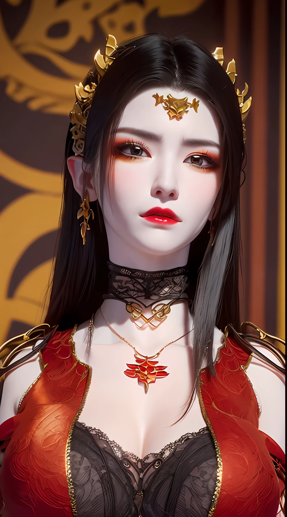 1 very beautiful queen medusha in hanfu dress, thin red silk shirt with many yellow motifs, black lace top, long hair dyed black, beautiful hair jewelry, pretty face pretty, perfect face, earring jewelry, head and hair jewelry, antique jewelry, big red eyes, sharp eye makeup, meticulous makeup eyelashes, thin eyebrows, nose tall, pretty red lips, no smile, ((closed mouth:0.9)), pursed lips, rosy cheeks, breast augmentation, wide breasts, big breasts, well-proportioned breasts, slim waist, slim waist, red mesh stockings with black lace, Chinese hanfu style, fictional art patterns, colors vivid and realistic, RAW photos, realistic photos, ultra-high quality 8k surreal photos, cool photos, (virtual lighting effects: 1.8), 10x pixels, magic effects (background): 1.8), eyes wide open, super detailed eyes, beautiful girl body portrait, girl alone, ancient hanfu background, looking directly at the audience, wide original photo, 8k quality, super sharp, detailed and clear picture best, detailed light background,