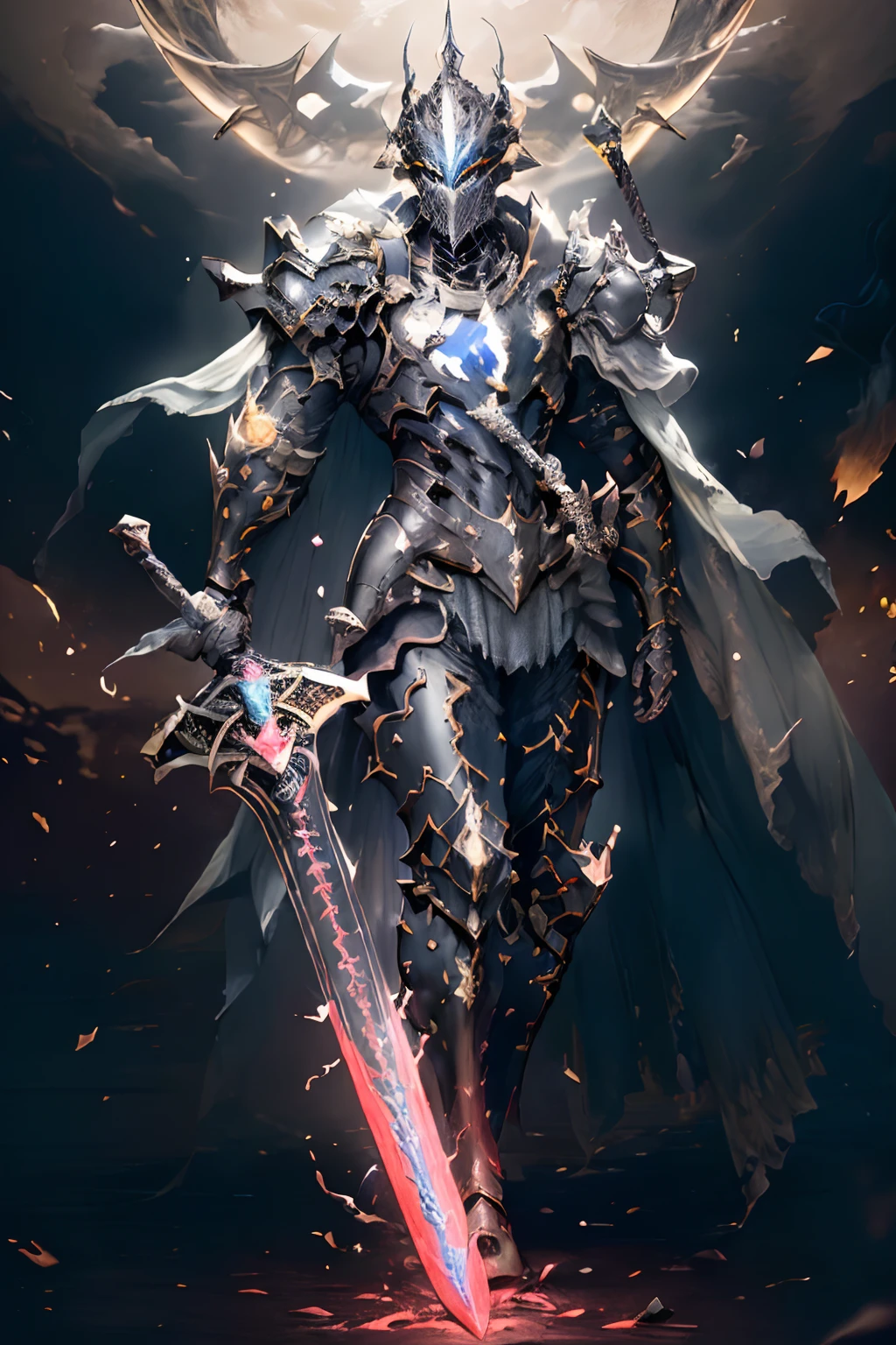 (masterpiece, top quality, best quality, official art, beautiful and aesthetic:1.2),(8k, best quality, masterpiece:1.2),CGDivineSwordsw, weapon, armor, sword, 1boy, solo, holding, male focus, holding weapon, holding sword, glowing, helmet, cape, shoulder armor, torn cape, greaves, torn, torn clothes, standing, gauntlets, pauldrons, blood, glowing weapon, breastplate, full armor, glowing eyes, full body, glowing sword, (epic glow:1.4),