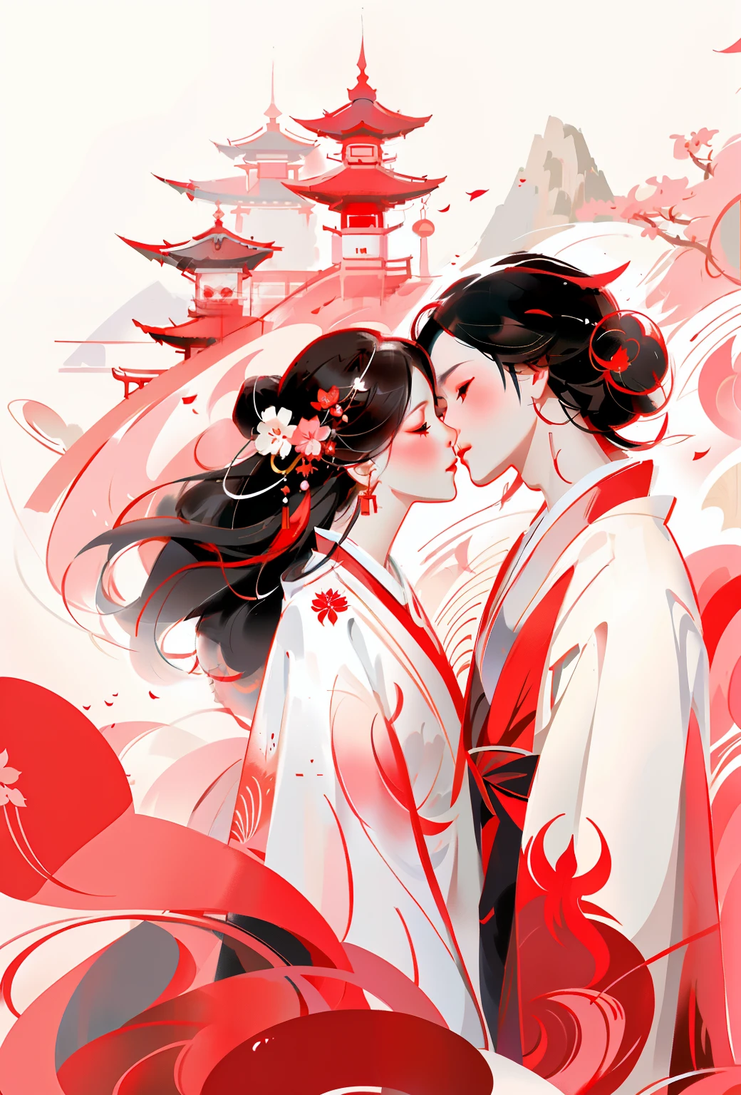 couple d&#39;anime en robe kimono, Joli visage, corps parfait, s&#39;embrasser sous les parapluies, devant un fond rouge et blanc, guweiz sur pixiv artstation, guweiz, Krenz Cushart et Wenjun Lin, Guweiz sur ArtStation Pixiv, oeuvre d&#39;art dans le style de guweiz, robes blanches fluides, Ross Tran et Bayard Wu, Art détaillé d&#39;Onmyoji