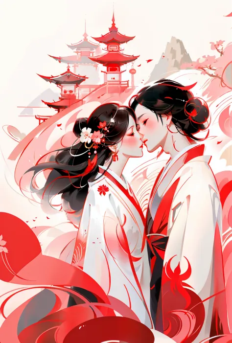 anime couple in kimono dress, nice face, perfect body, kissing under umbrellas, in front of red and white background, guweiz on ...