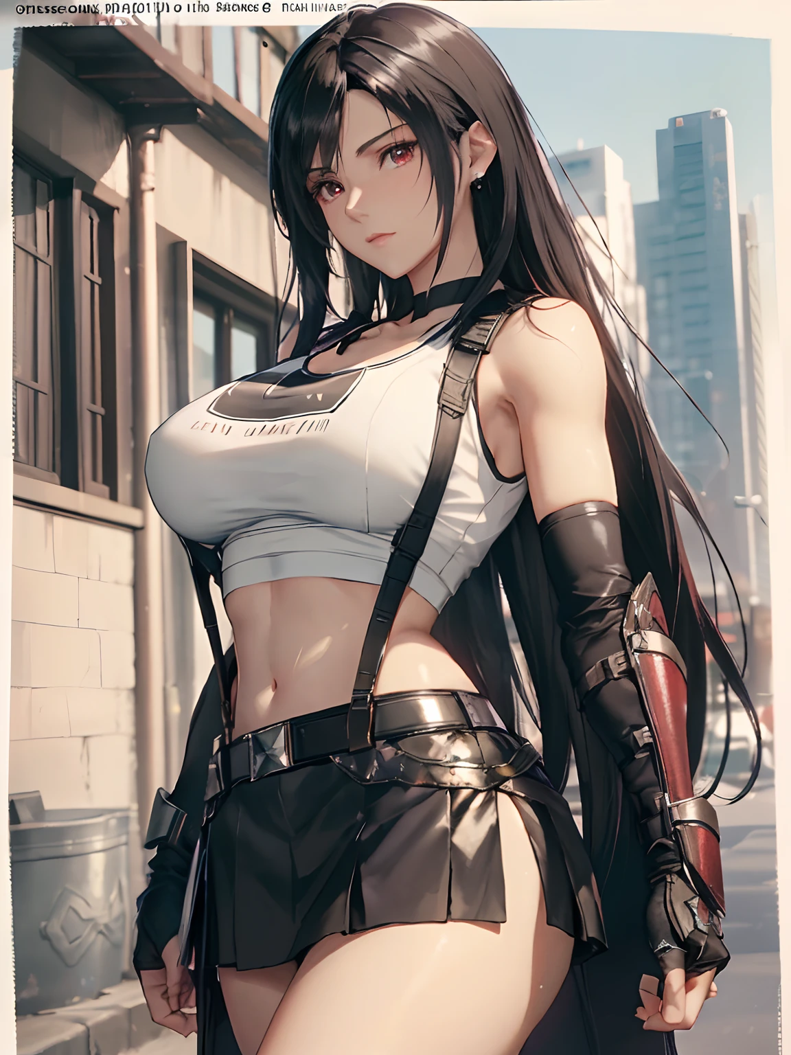 8k,masterpiece, bset quality,big, (1 girl), tifa lockhart, red_eyes, black hair, long hair, shiny skin: 1.2, shiny big, ((best quality)), crisp focus: 1.2, highly detailed face and skin texture, detailed eyes, perfect face, perfect body, art, cg, blur background, big with presence, 20yo, Mature cool and beautiful face, wearing (black skirt, black suspenders, black elbow gloves,white taut shirt,crop top,)