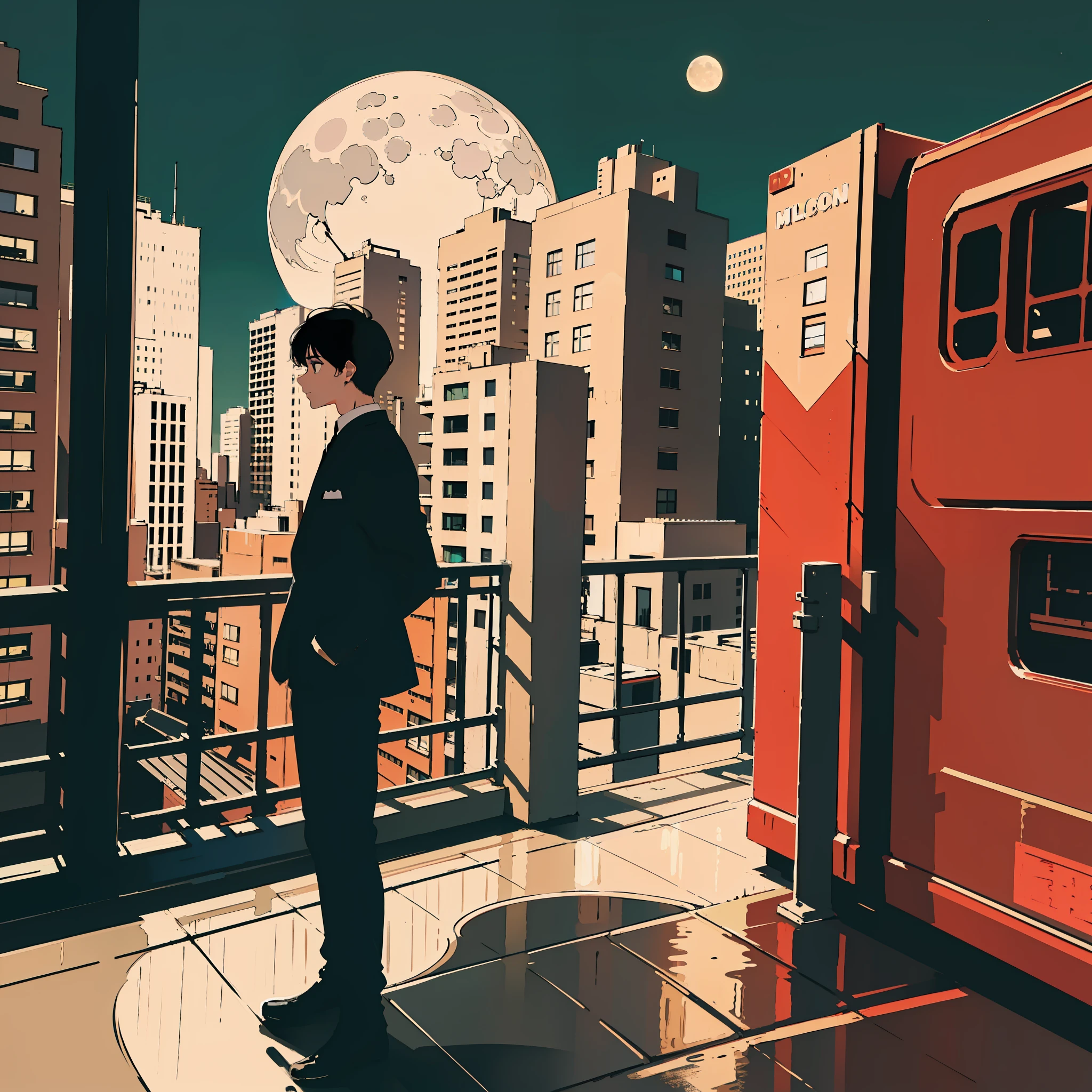 Крутой молодой парень, стоя на крыше здания, вид на город, Лунная ночь, лунный свет