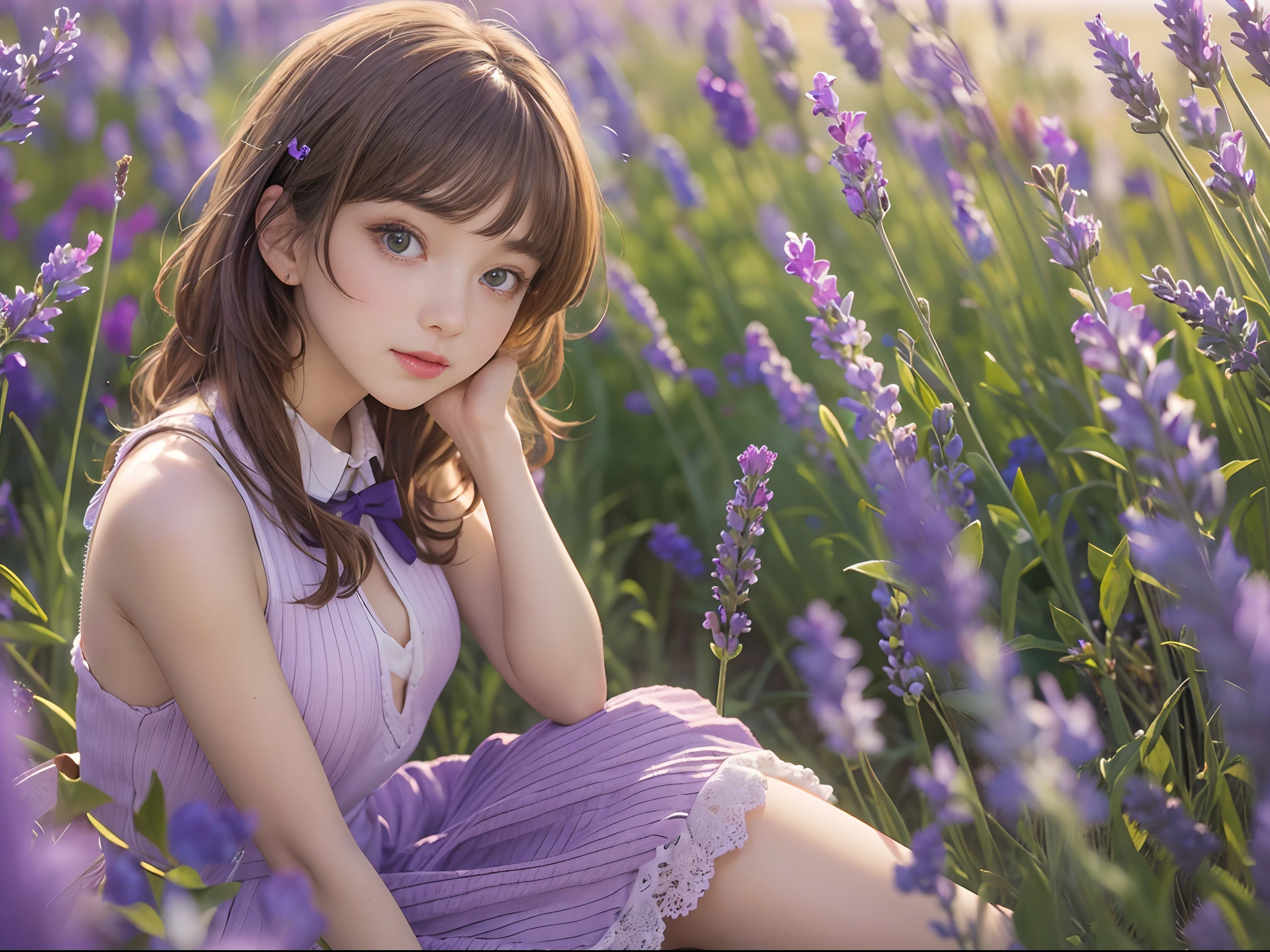 (( Real Light, Top Quality, 8k, Masterpiece: 1.3)), Normal Body Shape: 1.4, (Brown Hair, Colossal: 1.8),sitting , Open Legs, Ultra Detailed Face, Detailed Eyes, Double Eyelids, naked school girls in the lavender field