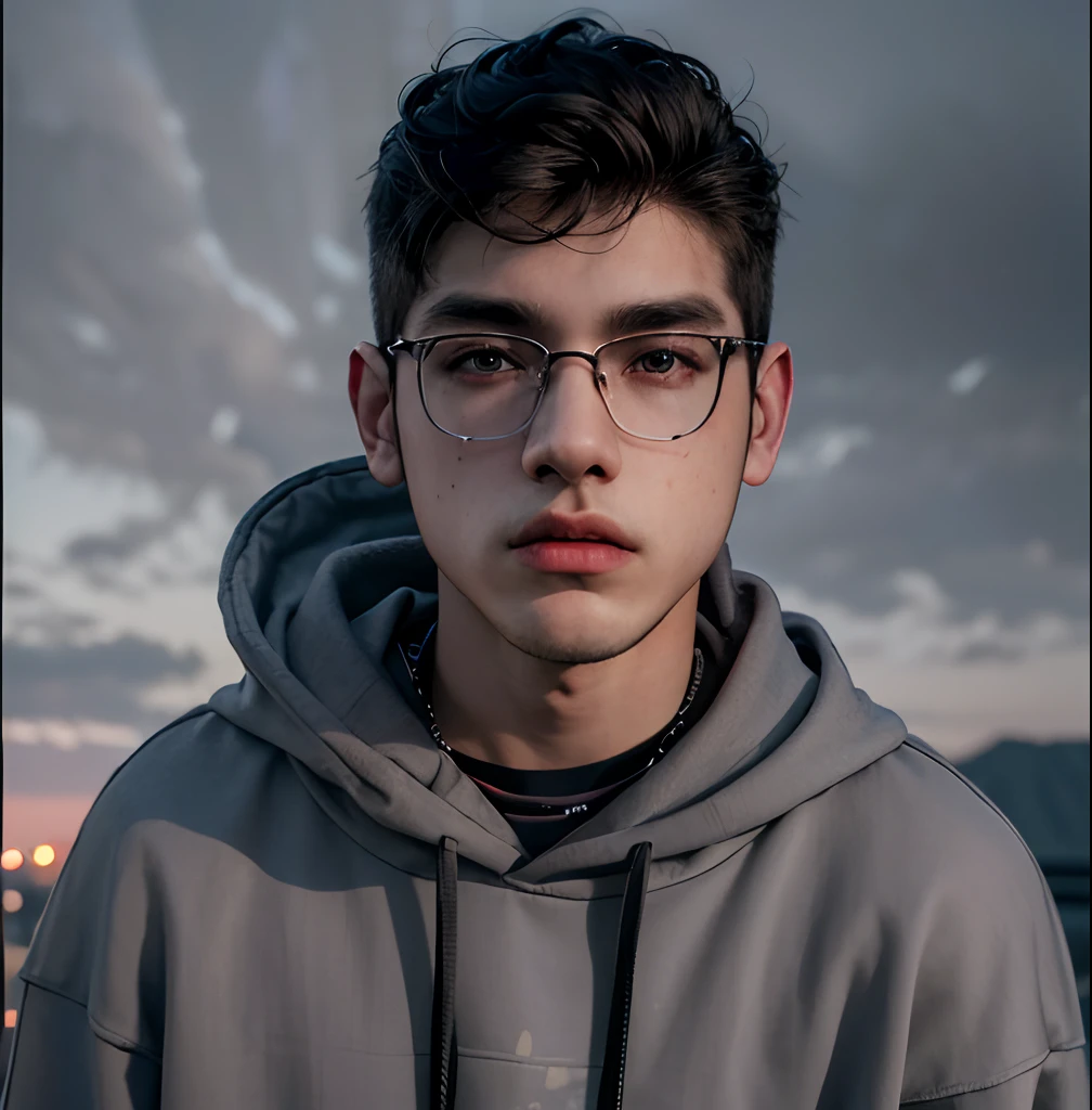 (masterpiece:1.2), (best quality:1.2), hyper realistic,highestres,absurdres,extremely detailed,volumetic,dramatic lighting,(frontal view),
20 year old boy,face,detailed eyes, dark grey hoodie, black t-shirt, with background ((sky))