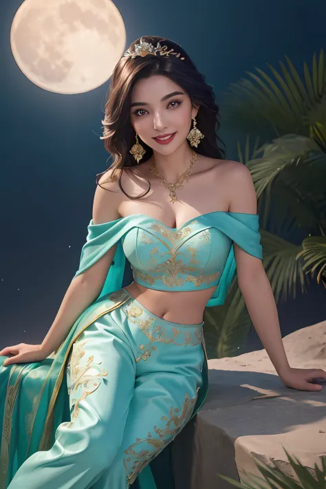 jasmine  1girl, solo, looking at viewer, smile, shirt, bare shoulders, jewelry, sitting, full body, flower, earrings, pants, off...