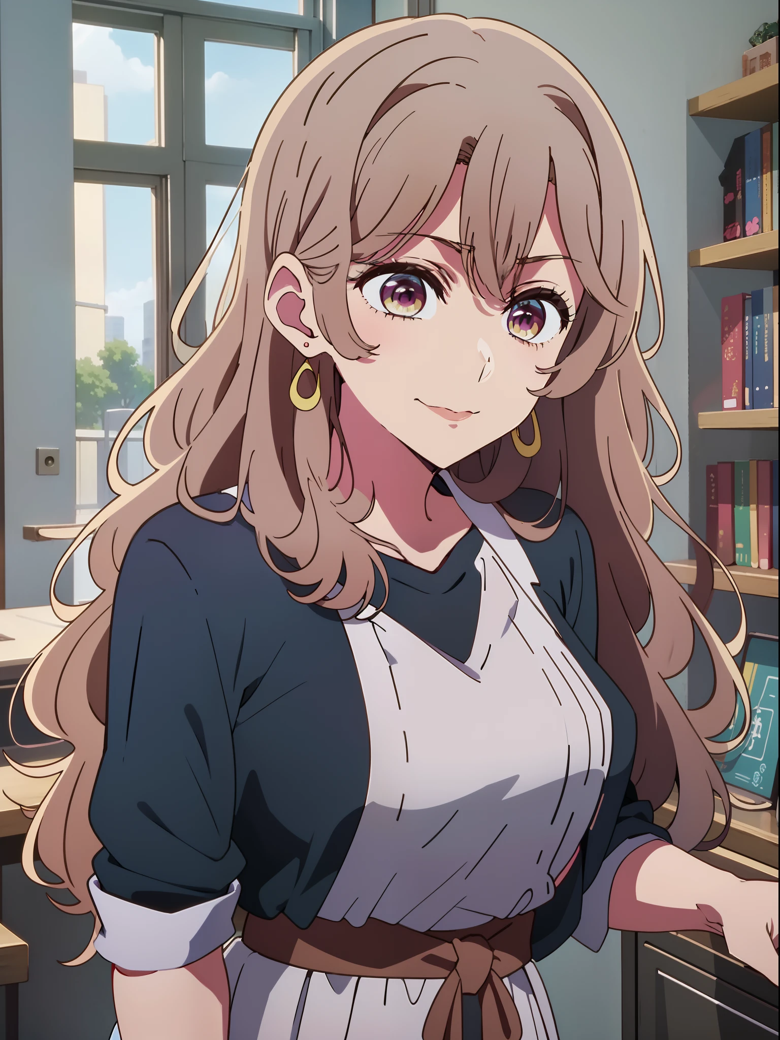 Anime girl with long hair and blue shirt in room, anime moe art style, Anime visuals of cute girls, Anime Best Girl, marin kitagawa fanart, [[[[grinning evily]]]], pretty anime girl, Smooth Anime CG Art, Seductive Anime Girl, charming anime girls, Cute anime girl, portrait of cute anime girlbabes, Cunning smile