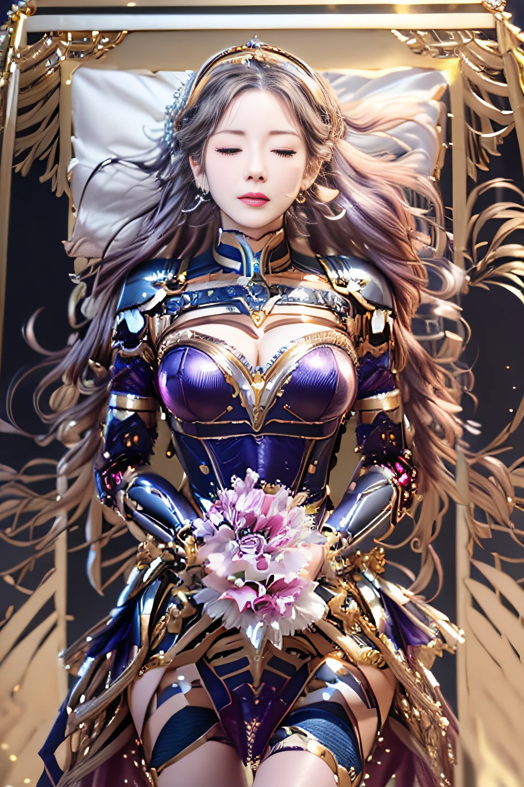 twicedahyun, twicedahyun in casket thread, (photo-realistic,ultra realistic 8k :1.2), perfect artwork, delicate pattern, (best quality,intricate detail,extremely intricate:1.2), (idol), (detailed clothes features), Exquisite Makeup, the pose, (1girl,solo:1.2),woman, girly,(wet skin,nsfw:1.1), (very long hair,Floating hair,Flamboyant hair,wind,gale,hair accessories:1.4), (pov legs,led,Luminescent,robot,armor,mechanical armor,complex cyborg,headgear:1.4), ((closed_eyes:2)), ((closed mouth)), ((head is on pillow)), (interlocked_fingers:1.2), (own_hands_together:1.2), large breast, sexy cleavage