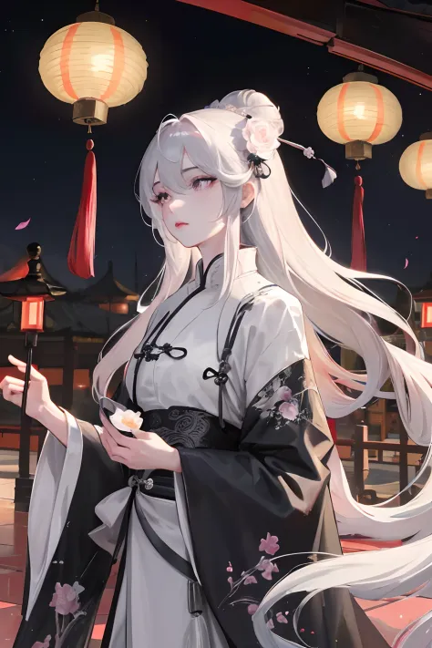 Masterpiece, Best quality, Night, full moon, 1 girl, Mature woman, Chinese style, Ancient China, Sisters, Royal Sisters, Grim expression, Faceless, Silver white long haired woman, Light pink lips, calm, Intellectual, tribelt, Gray pupils, assassins, Flower...