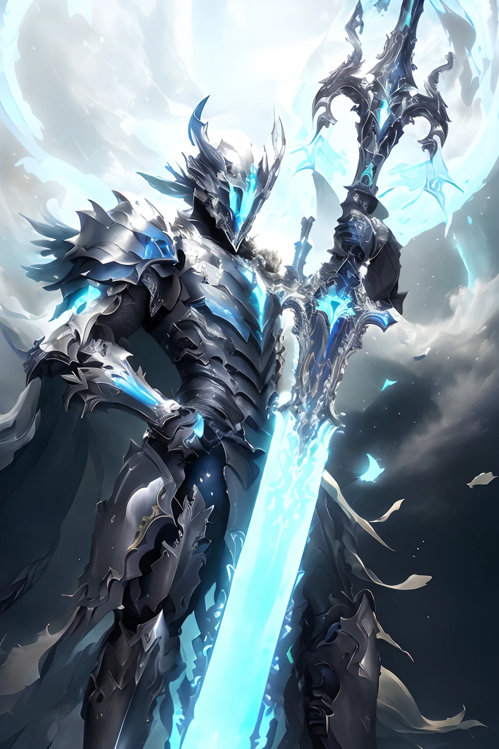 (masterpiece, top quality, best quality, official art, beautiful and aesthetic:1.2),(8k, best quality, masterpiece:1.2),CGDivineSwordsw, weapon, armor, solo, holding, horns, glowing, sword, 1boy, holding weapon, planted, male focus, glowing weapon, standing, helmet, gauntlets, holding sword, glowing sword, planted sword, shoulder armor, gradient, gradient background, greaves, pauldrons, (blue glow:1.3),