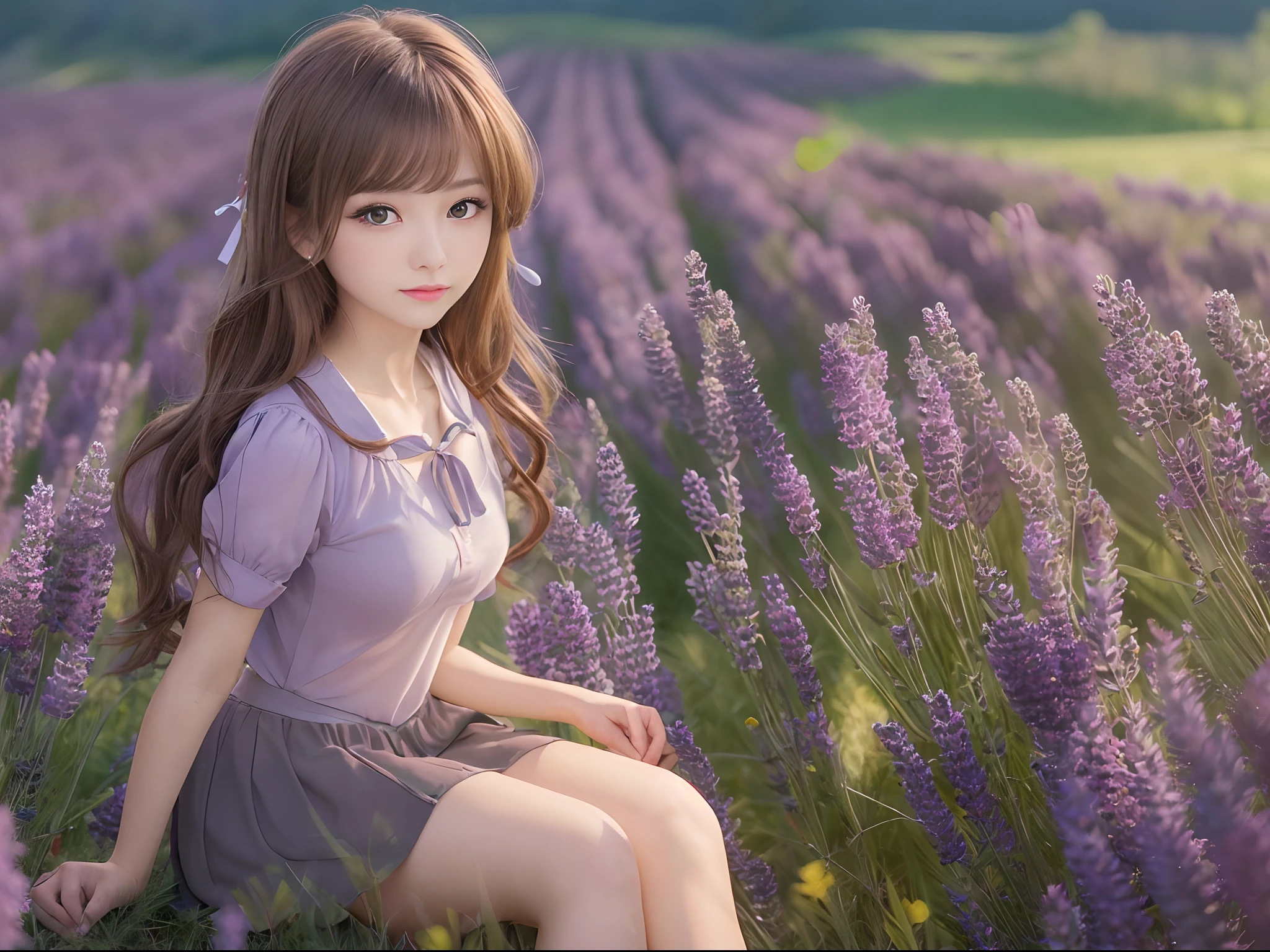 (( Real Light, Top Quality, 8k, Masterpiece: 1.3)), Normal Body Shape: 1.4, (Brown Hair, Colossal: 1.8),sitting , Open Legs, Ultra Detailed Face, Detailed Eyes, Double Eyelids, naked school girls in the lavender field