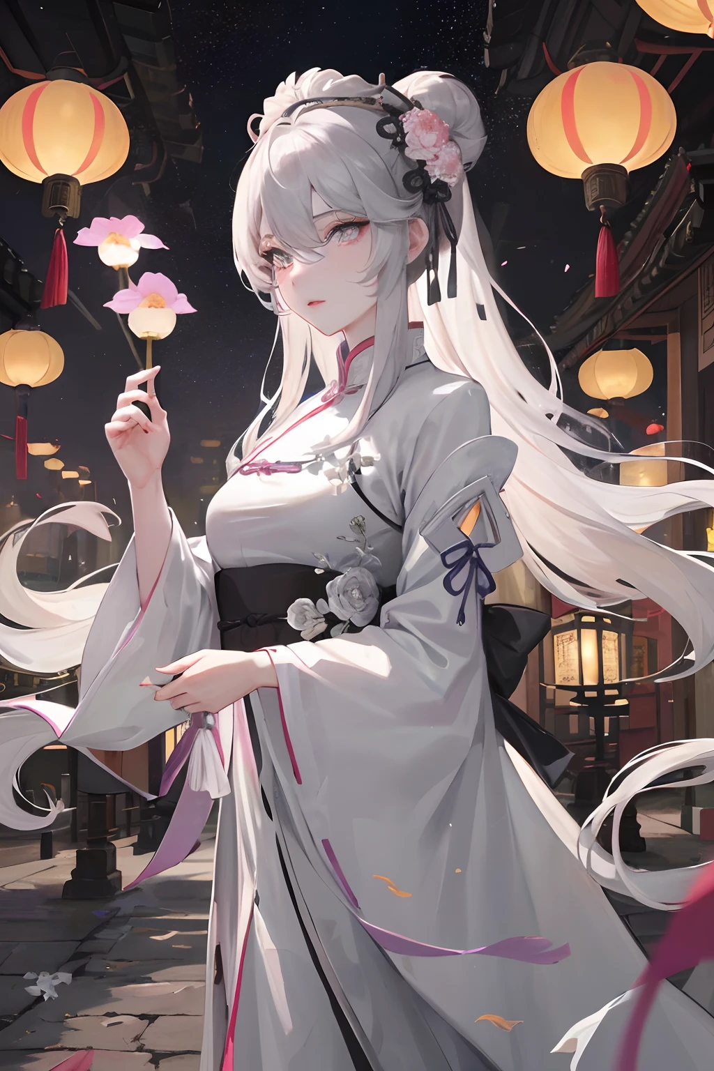 Masterpiece, Best quality, Night, full moon, 1 girl, Mature woman, Chinese style, Ancient China, Sisters, Royal Sisters, Grim expression, Faceless, Silver white long haired woman, Light pink lips, calm, Intellectual, tribelt, Gray pupils, assassins, Flower lanterns, holding lantern, flower ball background, Stroll through the street landscape