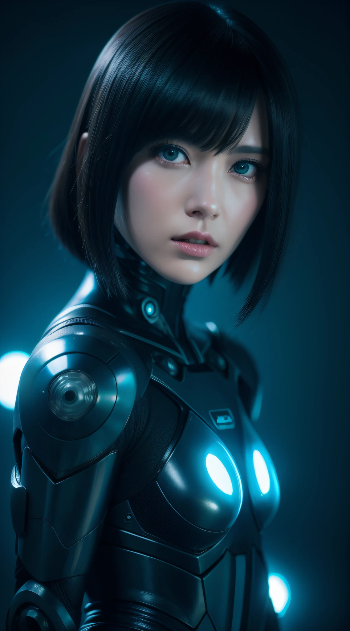 Ghost in the Shell-like worldview、top-quality、​masterpiece、8K、Photorealsitic、Beautuful Women、cyberpunked、real looking skin