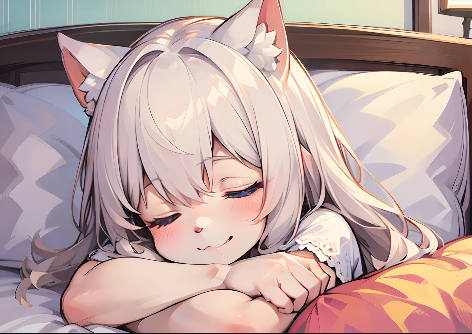 (High quality, Best Quality, anthro:1.4), (detailed closeup solo waist up body portrait of a mature female catgirl sleepeace wearing white pajamas with head on pillow:1.2), Arms crossed, depth of fields, White cat ears, White cat tail, White fur, White skin, white tuft, Cute face, medium breasts, well-drawn hands, an legs, Cozy, Eyes closed, Indoors, Bedroom,Cat profile