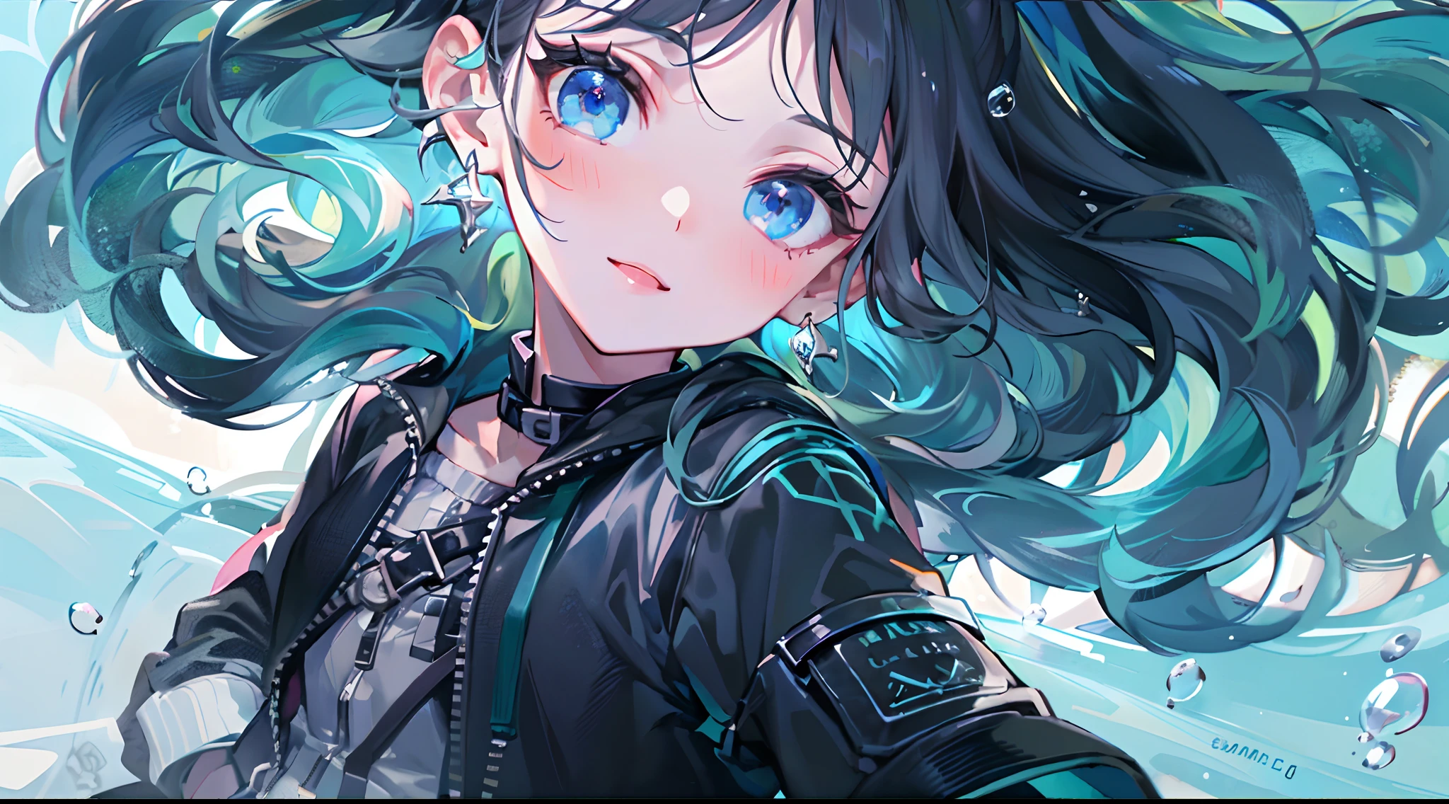 ((top-quality)), ((​masterpiece)), ((Ultra-detail)), (extremely delicate and beautiful), girl with, solo, cold attitude,((Black jacket)),She is very(relax)with  the(Settled down)Looks,A darK-haired, depth of fields,evil smile,Bubble, under the water, Air bubble,bright light blue eyes,Inner color with black hair and light blue tips,Cold background,Bob Hair - Linear Art, shortpants、knee high socks、Camisole inner shirt、Hands in pockets
