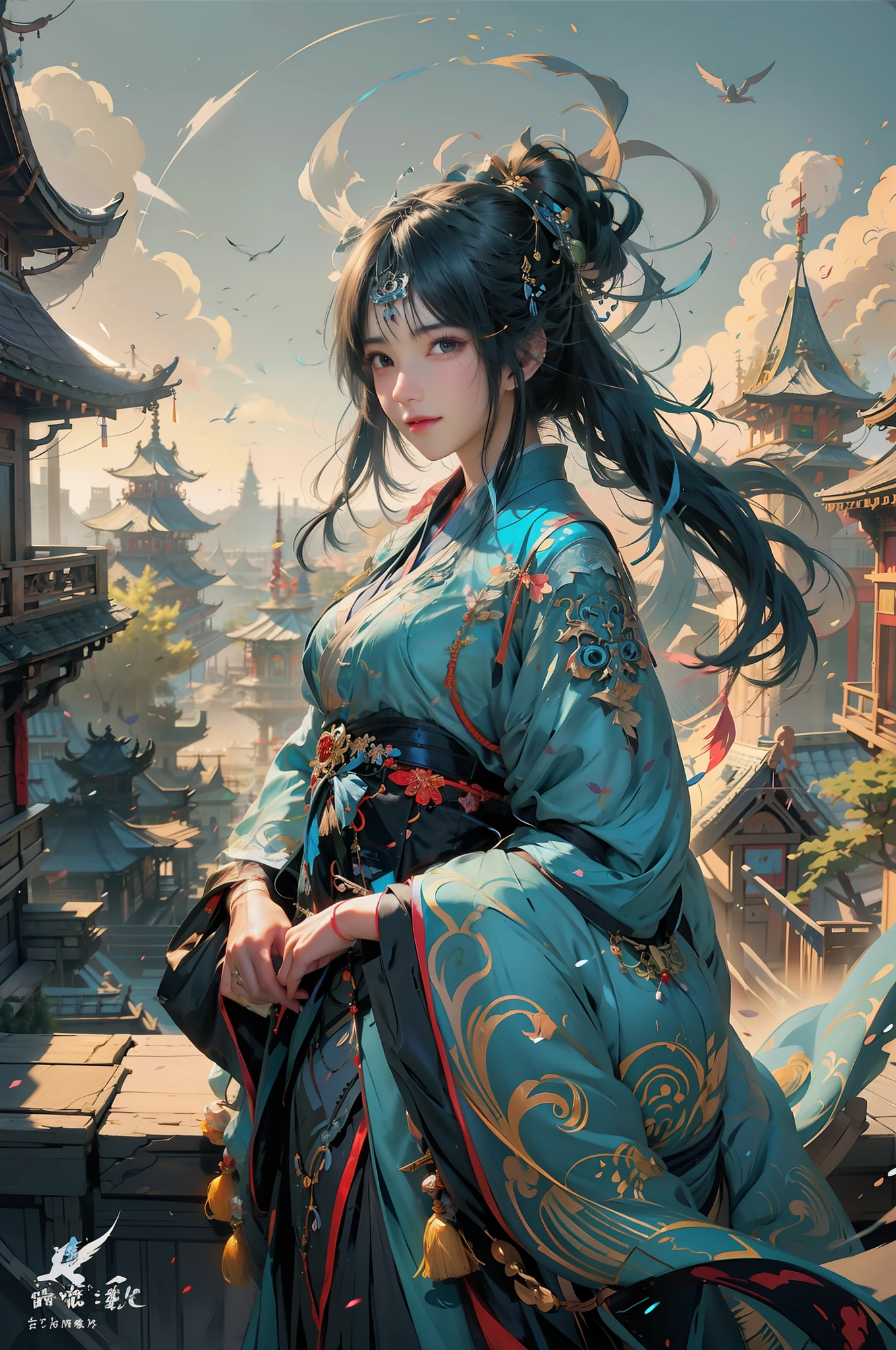 anime girl dans une robe kimono bleue assise sur un rebord, belles mains, Joli visage, Beau corps, Alice X. Zhang, oeuvre d&#39;art dans le style de guweiz, Ross Tran 8K, Guweiz sur ArtStation Pixiv, guweiz sur pixiv artstation, par Yang J., belle peinture de personnage, Ross Tran et WLOP, palais, une fille en hanfu, À la manière de Ross Tran