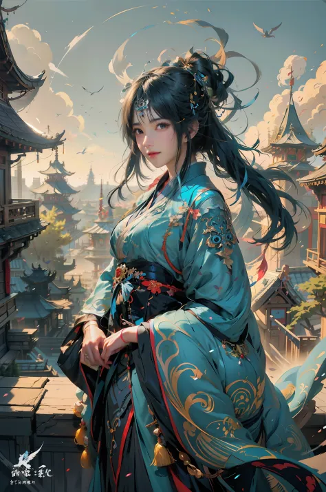 anime girl in a blue kimono dress sitting on a ledge, nice hands, nice face, nice body, alice x. zhang, artwork in the style of ...