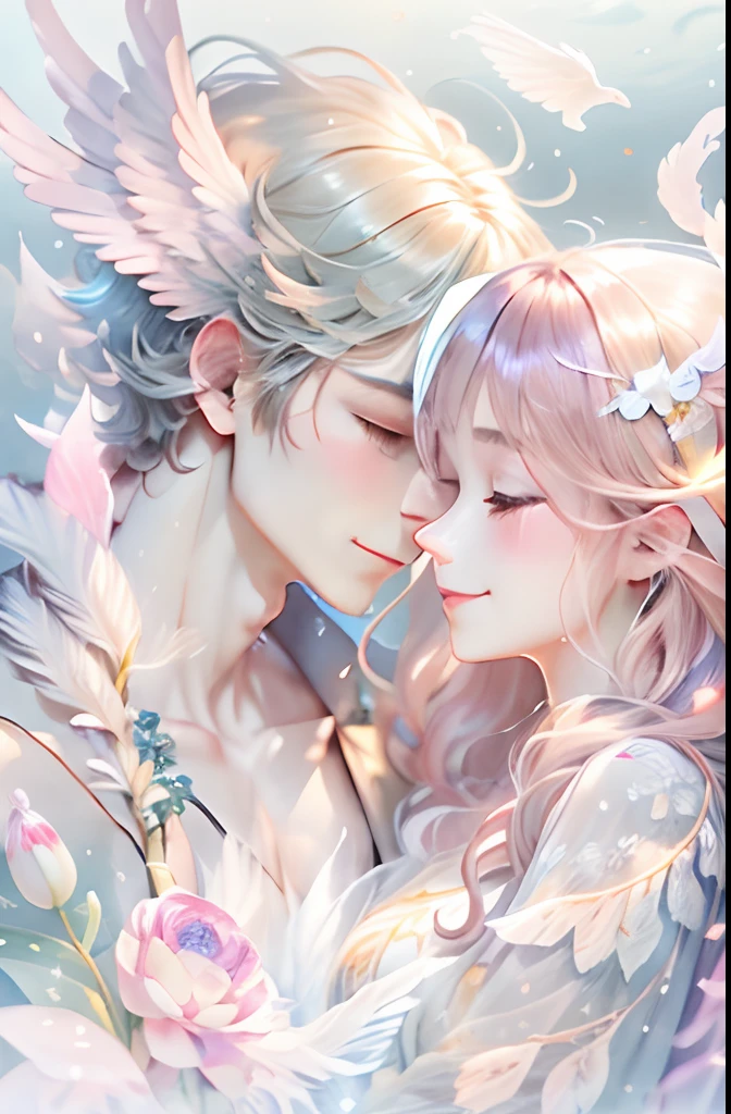 Beautiful transparent male and female angel､Beautiful sparkling ocean、Transparent feathers､kindly smile､Summer background､Gentle and transparent angel､Watercolor Paint