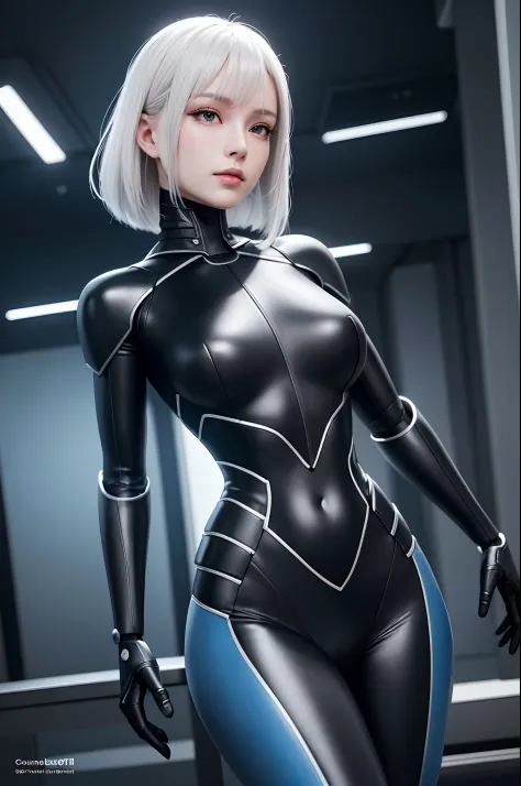 Complex 3d rendering very detailed beautiful ceramic silhouette female robot face, black rough lycra leotard, glowing blue band,...