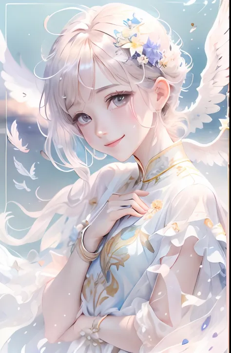 Beautiful transparent male and female angel､Beautiful sparkling ocean、Transparent feathers､kindly smile､Summer background､Gentle...