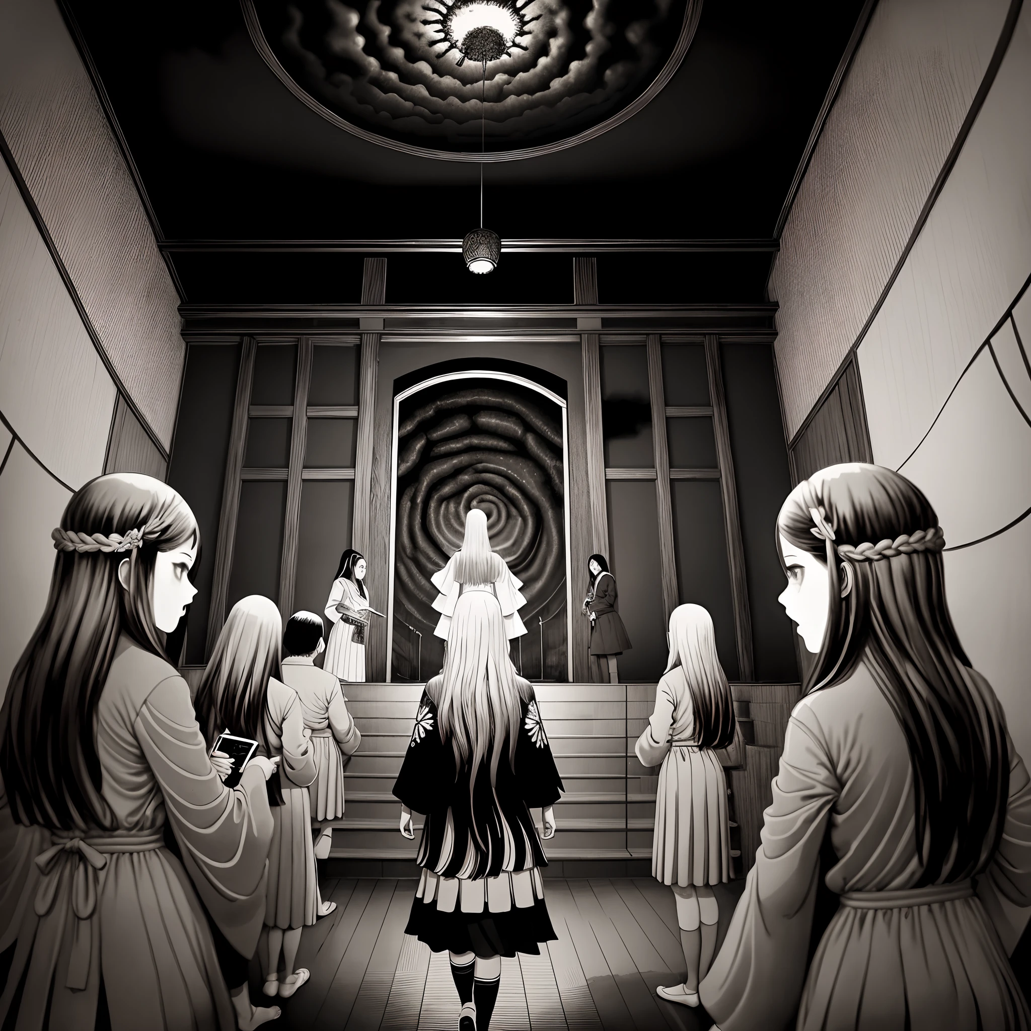 Crie uma imagem de uma sala de aula em preto e branco. Deve ter alunos na sala de aula. Sala de aula estilo japonesa. Japanese style uniform. Deve dar foco a 3 personagens, dois garotos e duas garotas. Junji Ito manga style. (((Creepy))). Visto de cima. Visto do canto da sala. Panning.in all of them they must have cell phones in their hands, como se estivessem drogados.