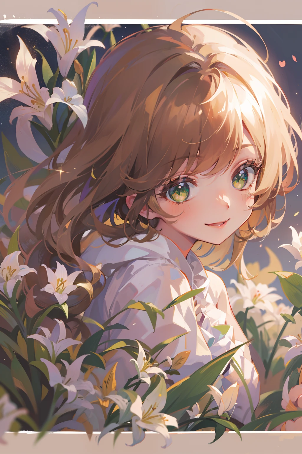 (masterpiece), (best quality), ultra high res, sharp focus, ((1 woman, solo)), (warm pastel color), upper body, medium long shot, MLS, background blur focus on face only, in the meadow of lily flower, (at the beautiful night time:1.2), beautiful detailed hair, chesnut brown hair, long hair tumbles down, ((beautiful shape eyes, green eyes)), beautiful detailed face, perfect feminine face, smiles warmly, look at the viewer, coquette clothes, comfortable pose to the viewer