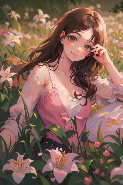 (masterpiece), (best quality), ultra high res, sharp focus, ((1 woman, solo)), (warm pastel color), upper body, medium long shot, MLS, background blur focus on face only, in the meadow of lily flower, (at the beautiful night time:1.2), beautiful detailed h...