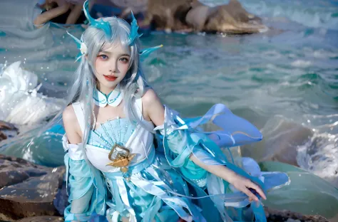 Clear facial features，Sitting sideways by the sea in a blue dress，a pretty girl，There are white hair and horns on the head