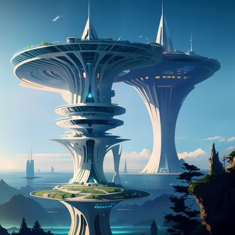 Cidade futuristica，In the middle of the ocean there is a futuristic tower, futuristic utopia, futuristic utopian fantasy, mystic...