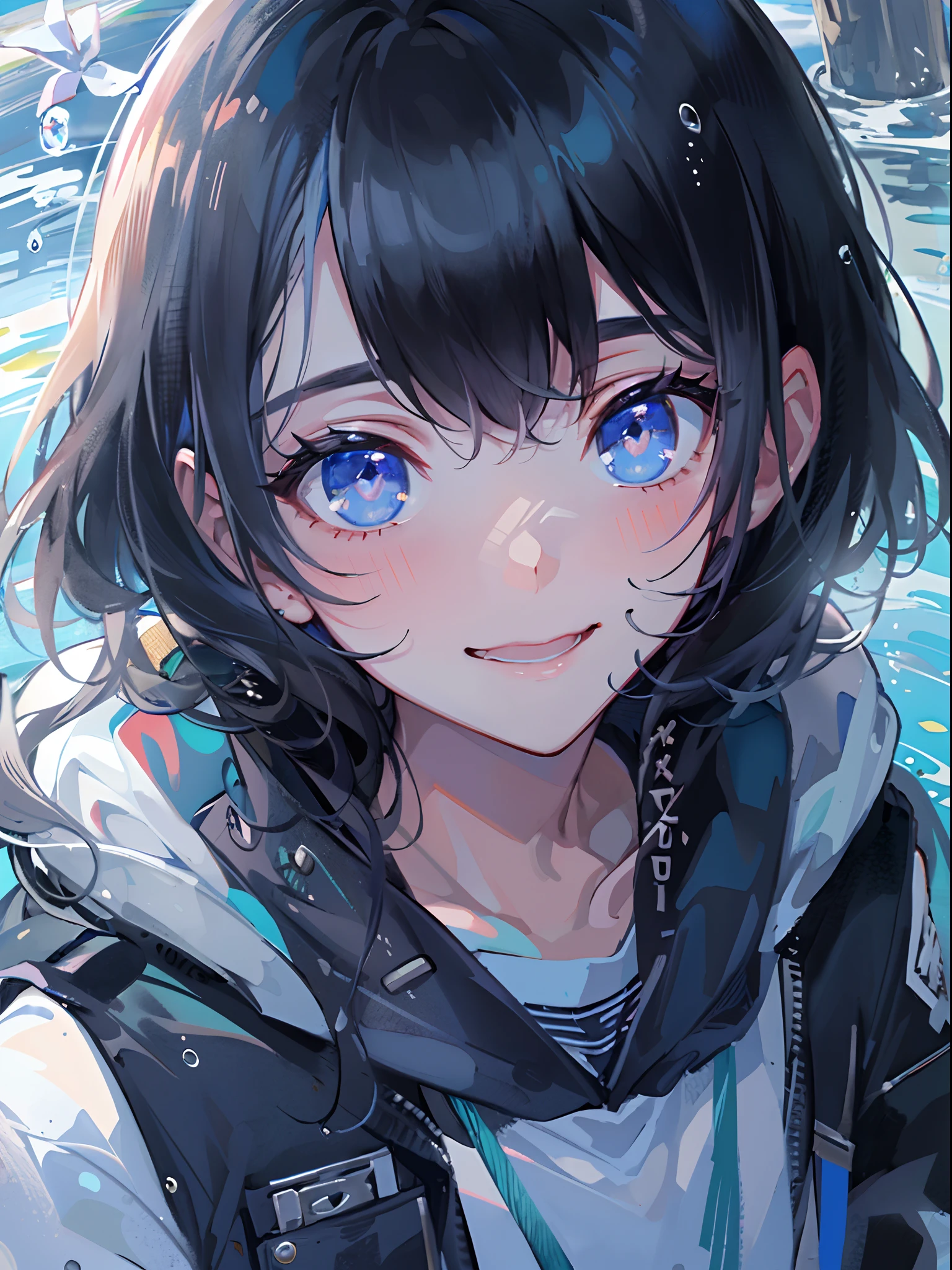 ((top-quality)), ((​masterpiece)), ((Ultra-detail)), (extremely delicate and beautiful), girl with, solo, cold attitude,((Black jacket)),She is very(relax)with  the(Settled down)Looks,A darK-haired, depth of fields,evil smile,Bubble, under the water, Air bubble,bright light blue eyes,Inner color with black hair and light blue tips,Cold background,Bob Hair - Linear Art, shortpants、knee high socks、White uniform like 、Light blue ribbon ties、Clothes are sheer、Hands in pockets