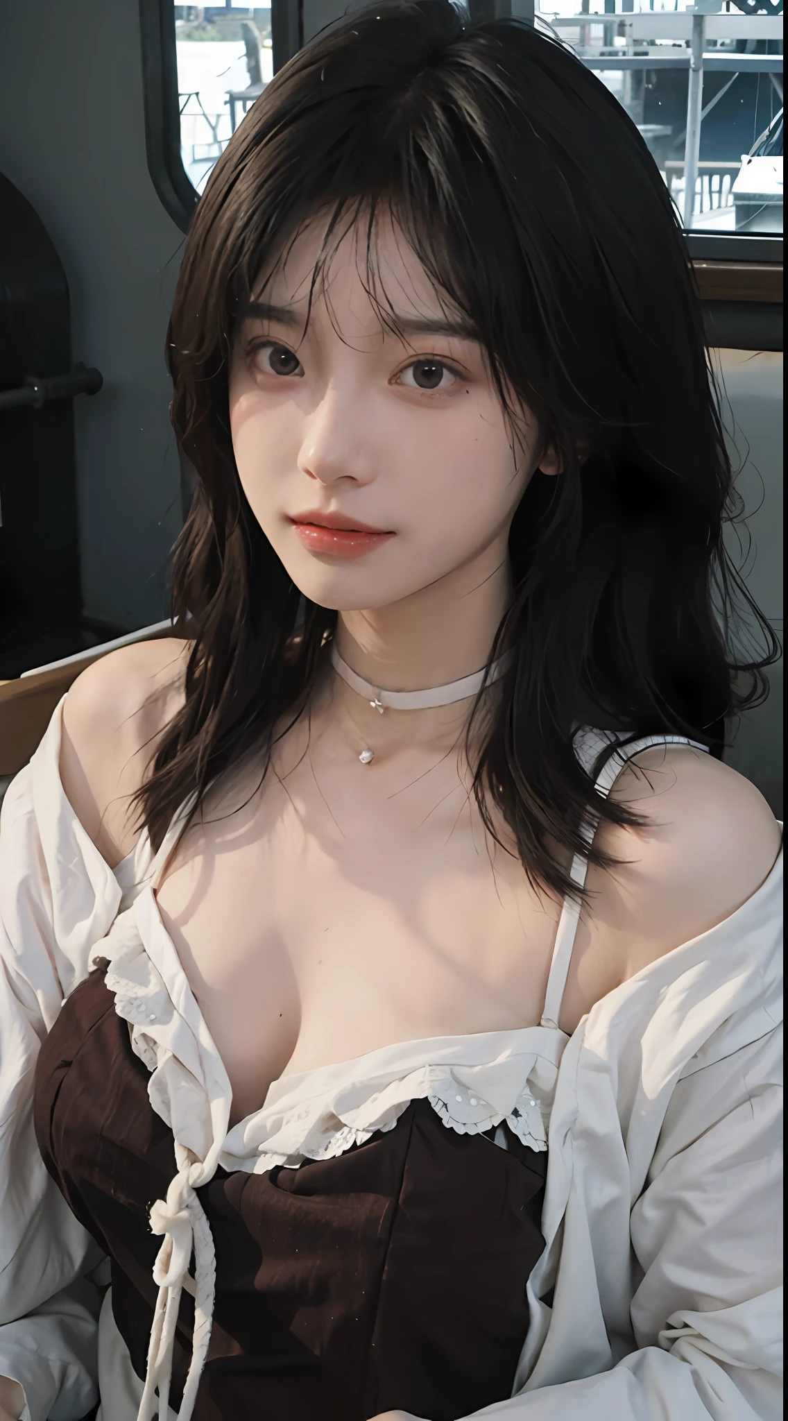 best qualtiy，tmasterpiece，Ultra-high resolution，（realisticlying：1.4），1girll，Large wavy curls，double eyelid，A pair of peach blossom eyes，choker necklace，Raised sexy，Snow-white translucent skin，head straight-looking at viewer，on the yacht，No chest baring，No chest baring，No chest baring，Full of atmosphere，Cleavage is seductive，，Red dress：1.8，（The upper part of the body：1.4），