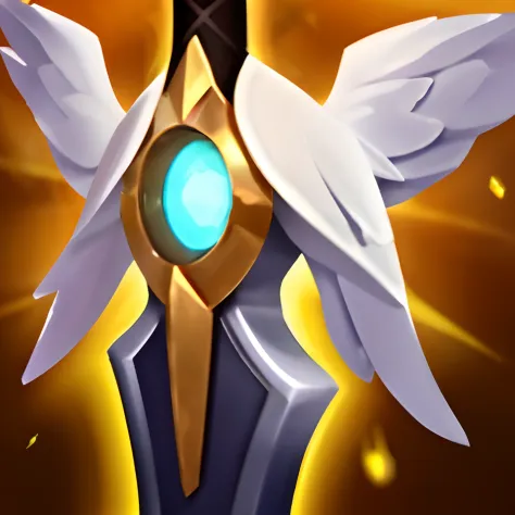 Close up of sword with wings on yellow background, leblanc, arcane jayce, zenra taliyah, Irelia, The sword, taliyah, holy paladin, armor angle with wing, changelingcore, Paladin, league of legends inventory item, Avatar image, Ashe, league of legends arcan...