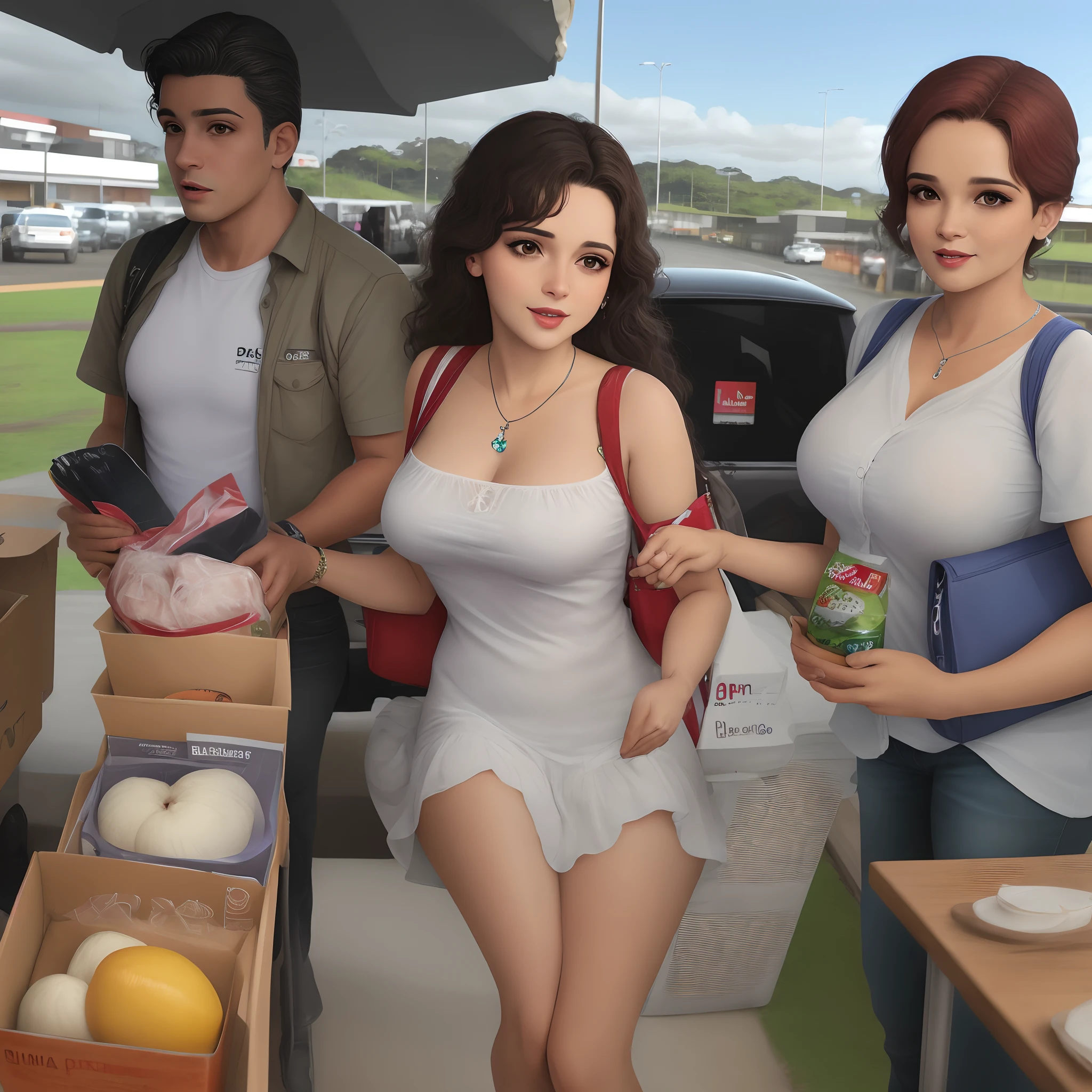 Three people standing next to each other near a table with food - SeaArt AI