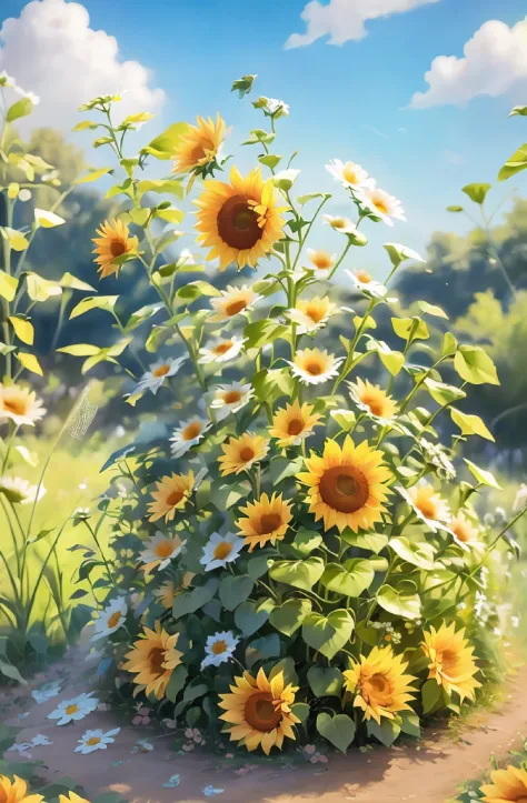 there is a painting of a bunch of sunflowers in the grass, beautiful digital painting, by Yang J, highly detailed digital painti...