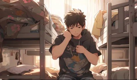 Anime boy sitting on bunk bed in room with bunk bed, Guviz-style artwork, Guviz, Kawasi, Ross Tran style, High Quality Anime Art...