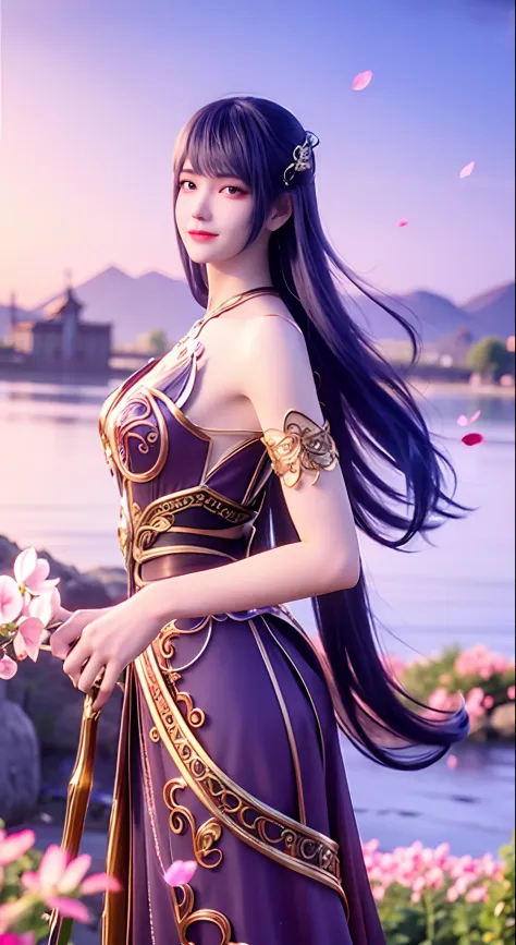Under the bright spring sun，A costume goddess dressed in gorgeous Chinese costumes，Standing quietly in the sea of mountains and ...