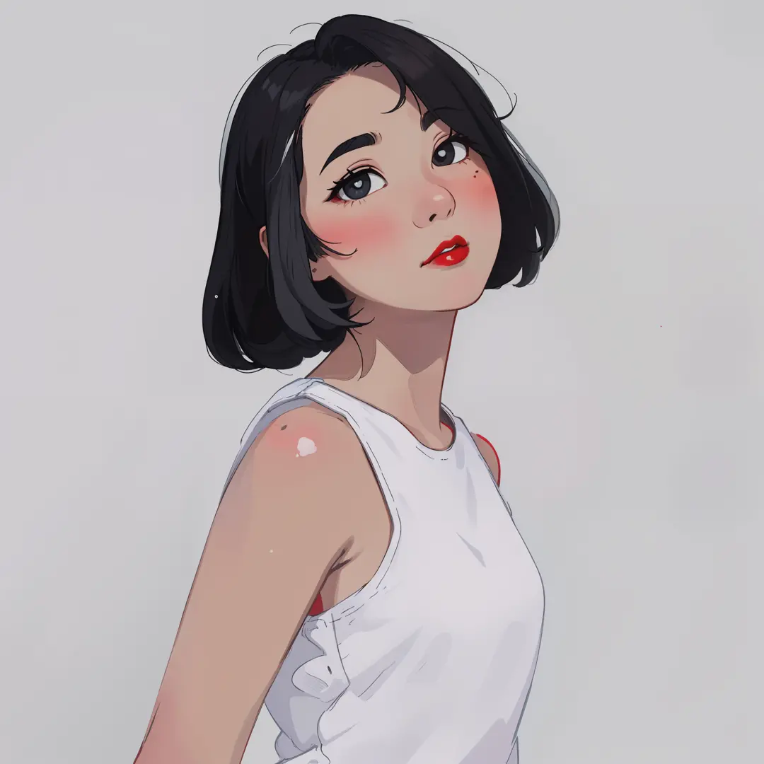 (thick lips, red lips), asian girl, slanted eyes, red lips, looking at viewer, cartoon girl, childrens art in artstation, cute d...