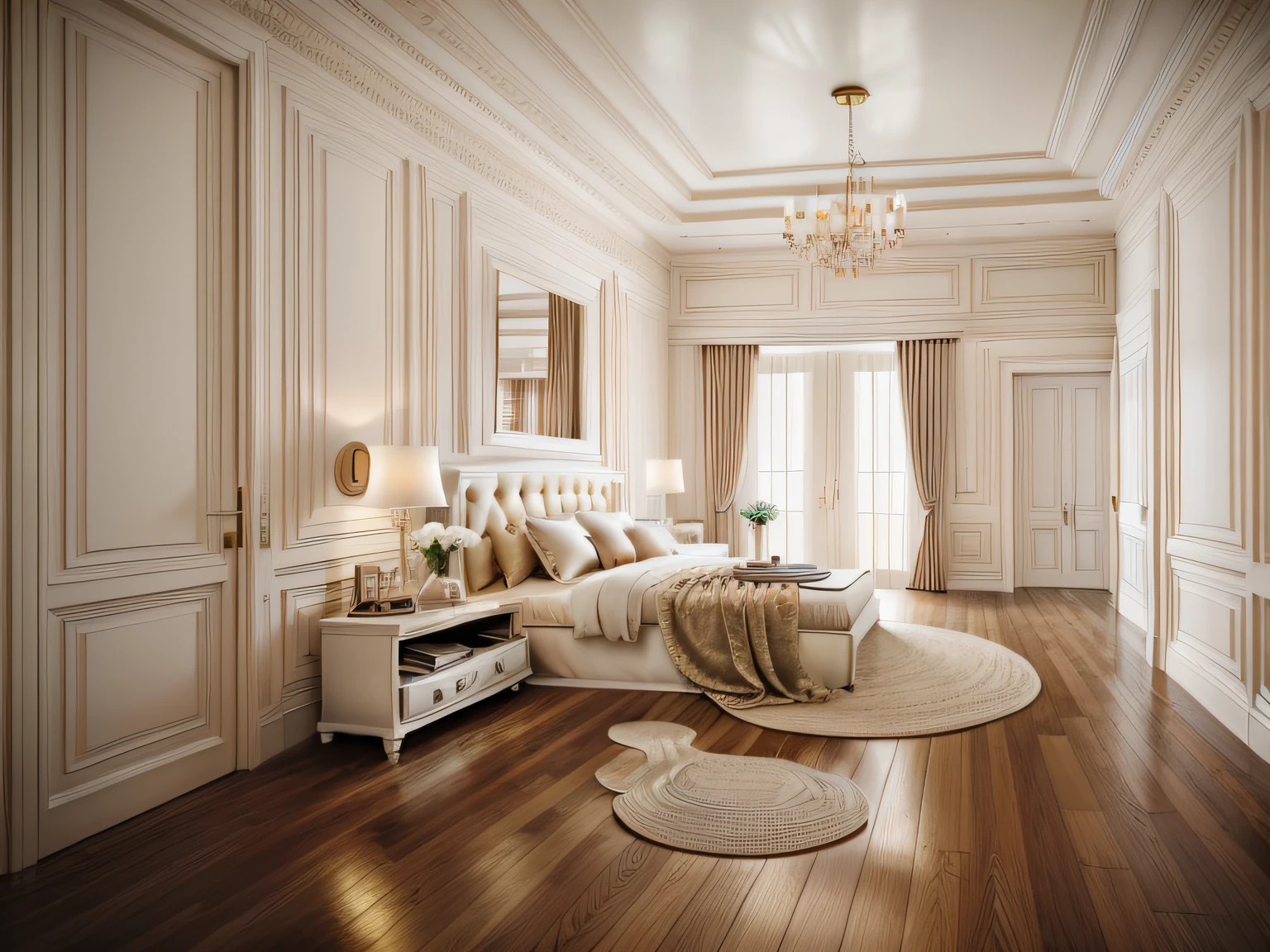 Create a neoclassical-style bedroom with a brown wooden floor, cream-colored curtains, a white door, and super sharp photos that exude elegance.