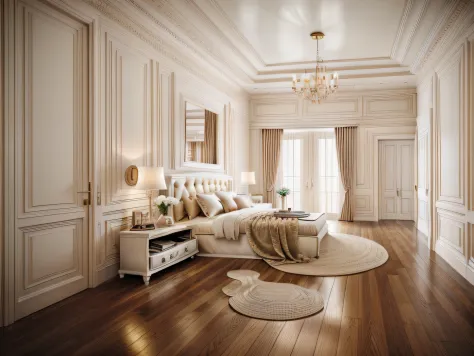 create a neoclassical-style bedroom with a brown wooden floor, cream-colored curtains, a white door, and super sharp photos that...