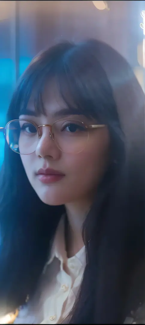 There is a woman with glasses looking at the camera, lofi portrait at a window, lofi portrait, With glasses, wearing thin large ...