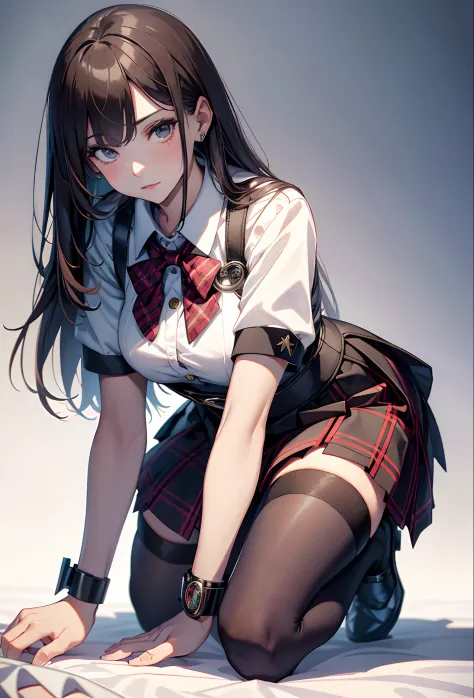 best qualityer，tmasterpiece，Ultimate resolution，downy，Extremely colorful，mature pretty woman，（JK school uniform），neck bowtie，Plaid skirts，（Beauty severed head），Normal posture，Redlip，（Kneeling pose），shackle，behead，Collar，handcuff，Anklets，（white stockings），Mary Jane shoes，Normal posture