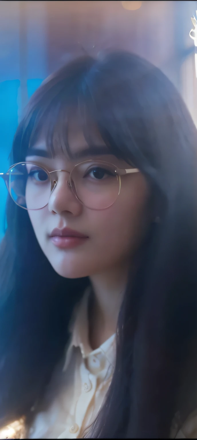 There is a woman with glasses looking at the camera, lofi portrait at a window, lofi portrait, With glasses, wearing thin large round glasses, 8K Artgerm bokeh, a girl with round glasses, close-up portrait film still, lofi-girl, wearing small round glasses, wears glasses, jaeyeon nam, thick glasses