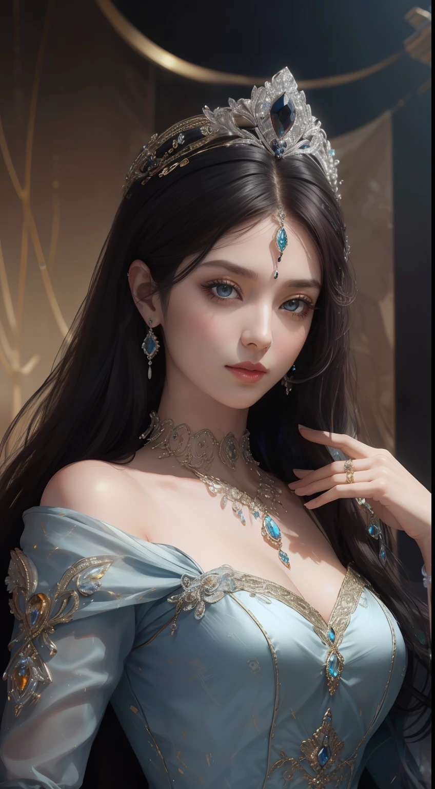 杰作，最高图像质量，一位皇家贵妇的美丽半身像，精致的黑色发型，琥珀色的眼睛清澈，饰有令人眼花缭乱的精美珠宝，超级细节，升级版。