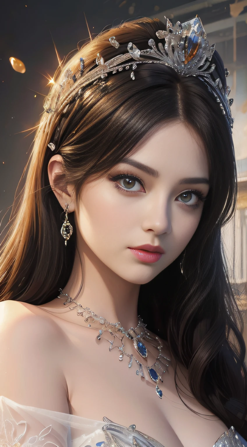 tmasterpiece，Highest image quality，Beautiful bust of a royal lady，Delicate black hairstyle，Amber eyes are clear，Embellished with a dazzling array of intricate jewelry，super detailing，upscaled。