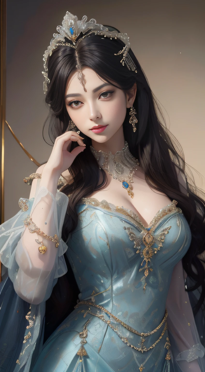 tmasterpiece，Highest image quality，Beautiful large bust of a royal lady，Delicate black hairstyle，Amber eyes are clear，Embellished with a dazzling array of intricate jewelry，super detailing，upscaled。