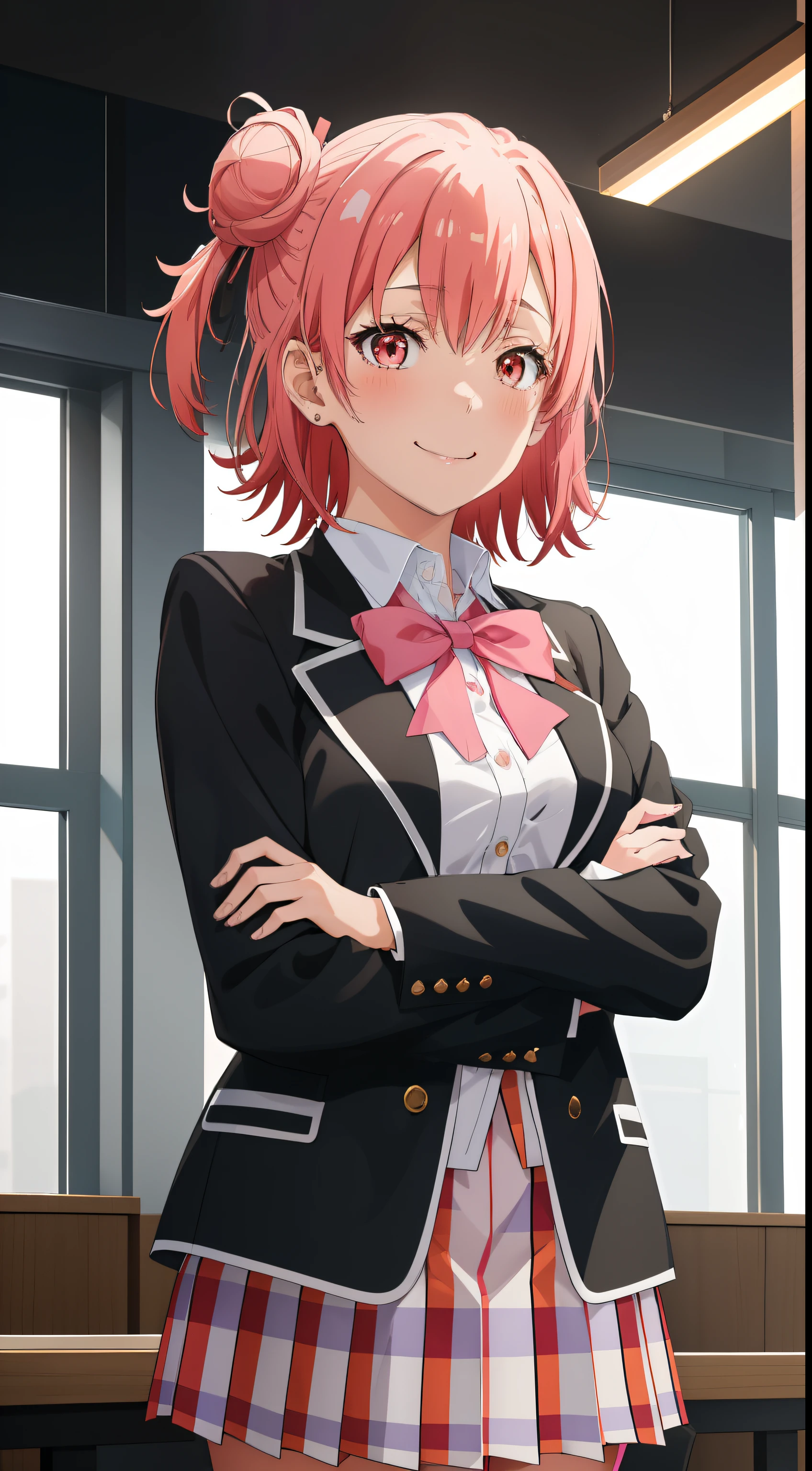 masutepiece, High quality, Best Quality, High resolution, 4K, High Definition, Beautiful lighting,1girl in, Short hair, Pink hair, Pink eyes, Yui, Hair bun,sobu highschool uniform, Black Blazer, White shirt, red ribbon plaid skirt, A smile、look at viewr、japanes、red blush、embarrassed