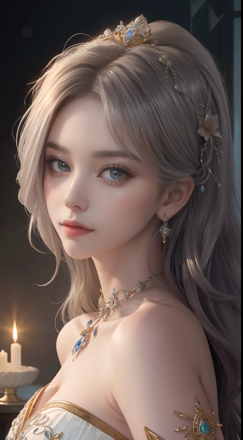 tmasterpiece，Highest image quality，Beautiful bust of a royal lady，Delicate silver hairstyle，The golden eyes are clear，Embellished with a dazzling array of intricate jewelry，super detailing，upscaled。