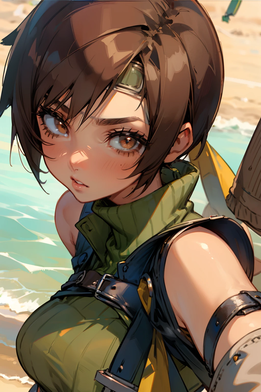 Yuffie_Kisaragi_01 Girls,  Brown eyes, Short hair, head band, Brown hair, sleeveless turtleneck, croptop, Sweaters, Beach, enraptured,be shy, Parted lips,((Close Up Shot:1.33)),Looking at Viewer, Slouched,