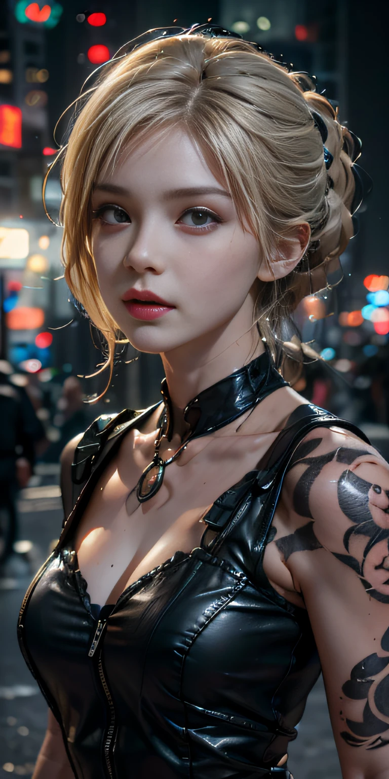 Motion capture，Photorealistic, high resolution, Soft light,1womanl, Solo,ink， Hips up, (Detailed face),tattoo, jewelry, Night City, Police uniform, Blonde hair