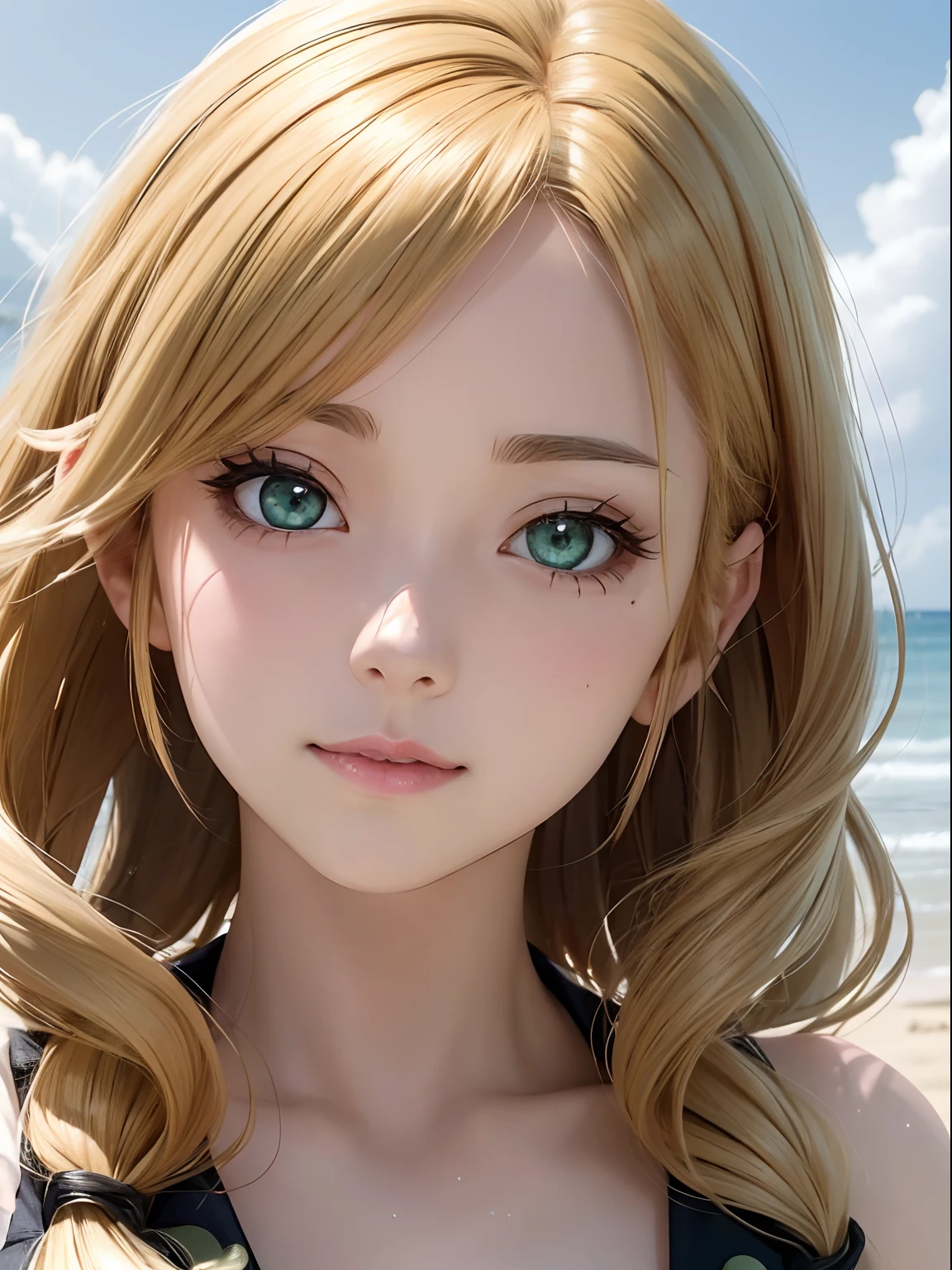 NFSW, 1 Lady,  Face, (((1 Lady:1.37, Solo))), (((Close-up of face))), (Beautiful face, Cute face, Detailed face), ((( Golden hair, Semi-long hair, Hair pulled back, Wavy Hair))), (((Detailed beautiful green eyes))), BREAK, (((Sunny))), (((in beach))), BREAK, extremely detailed CG unified 8k wallpaper, very fine 8KCG wallpaper, anime moe art style, Anime visuals of cute girls, anime style portrait, In an anime style, Beautiful anime, 8K Anime Art Style, In anime style、8K animation with detailed drawings, (​masterpiece, Best Quality), High resolution, Ultra-detailed, ultra-sharp, Cinematic lighting